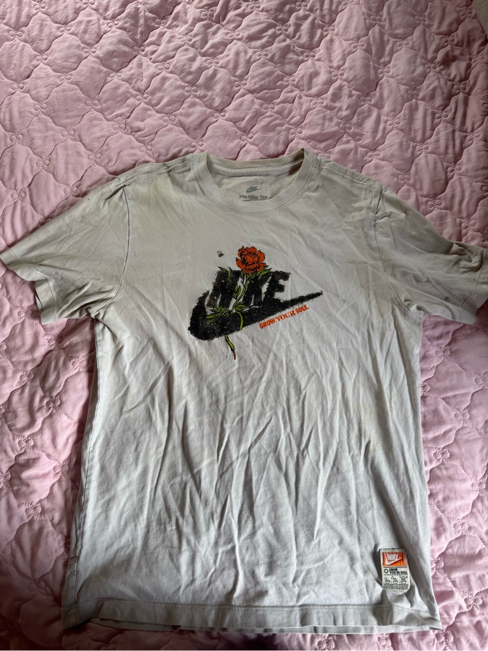 Nike White Short Sleeve Graphic Crew Tee with Orange Rose